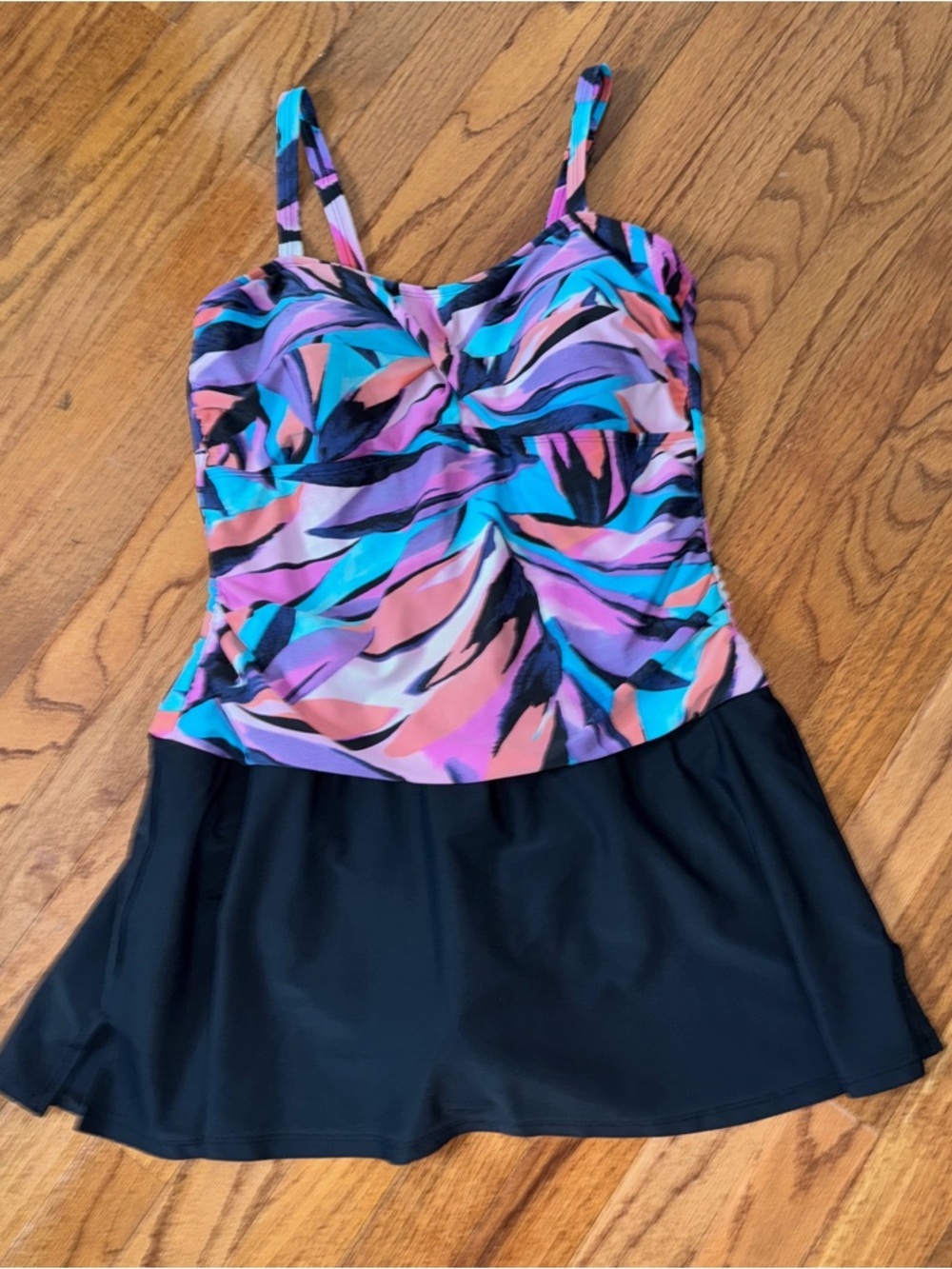 Venus One Piece Tropical Palm Print Swim Dress Shirred Black Purple Size 14